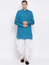 Vastramay Men's Turquoise Blue Cotton Blend Kurta and White Dhoti Set